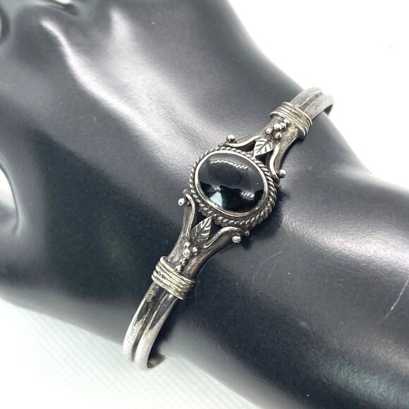 925 Sterling Silver Black Onyx Oval Cabochon Cuff Bracelet Native American VTG - Picture 5 of 16